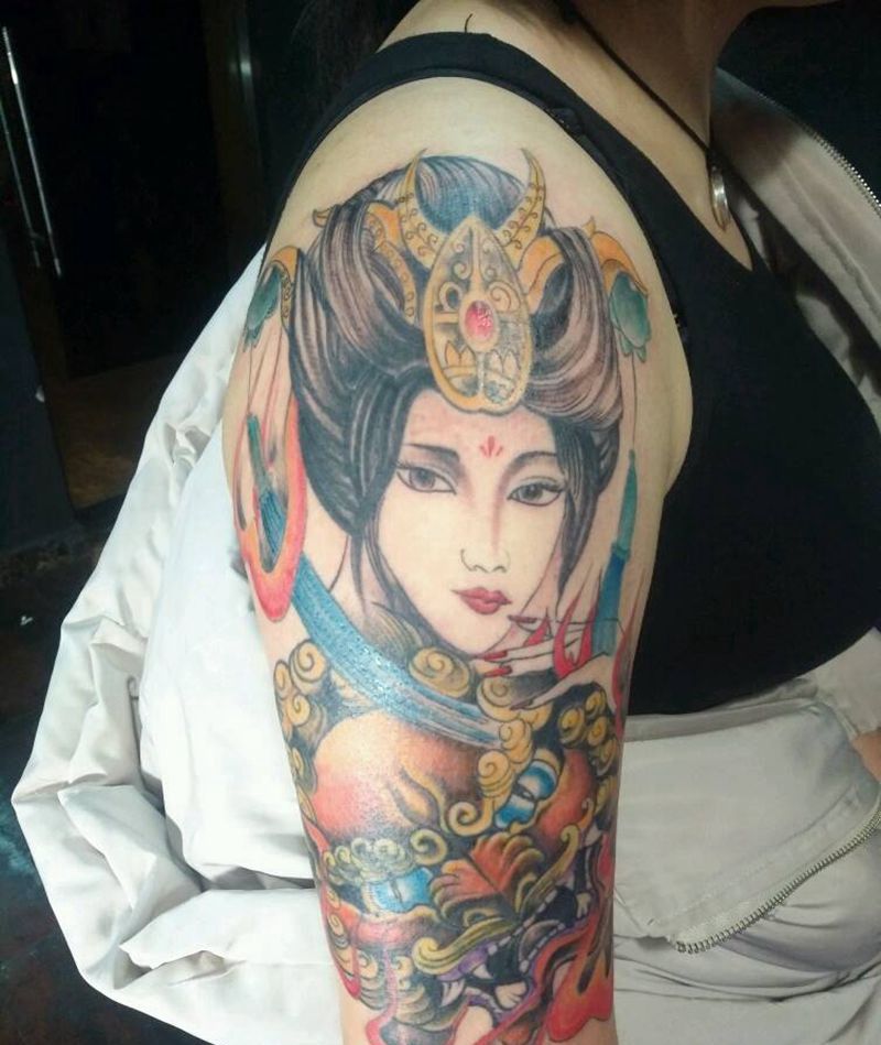 彩色艺妓纹身图片
