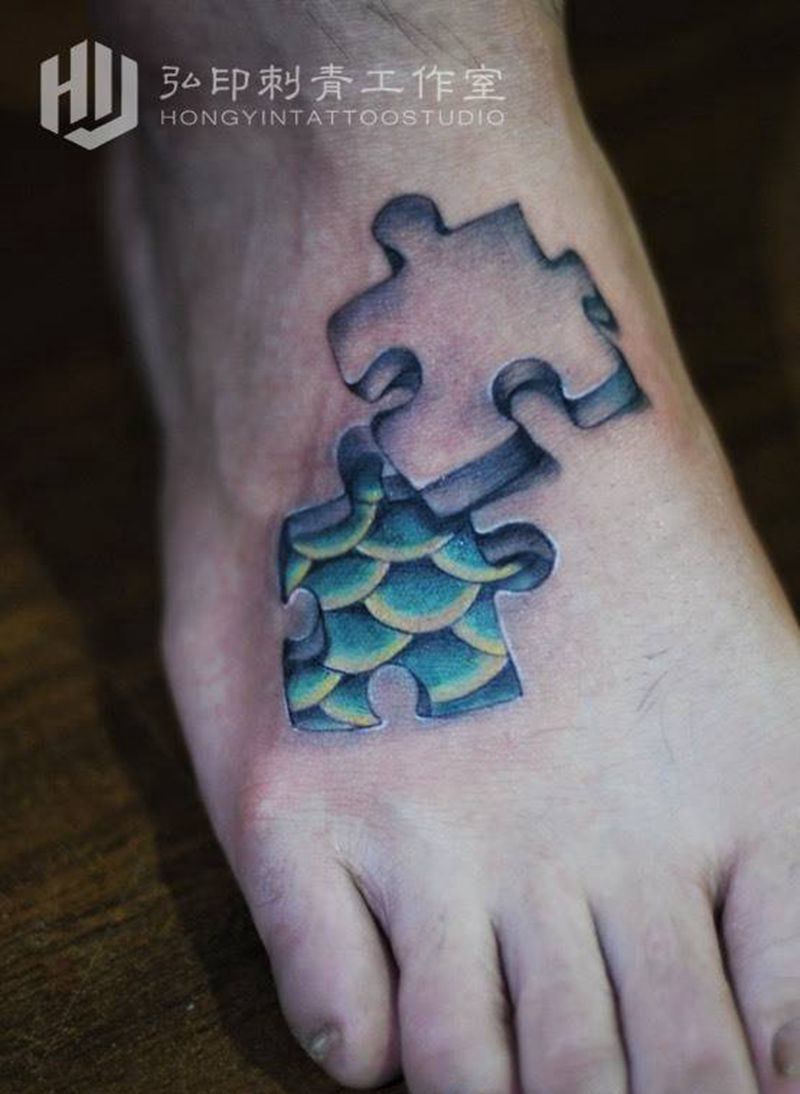 鱼鳞 拼图纹身图片_成品脚部欧美几何纹身图案