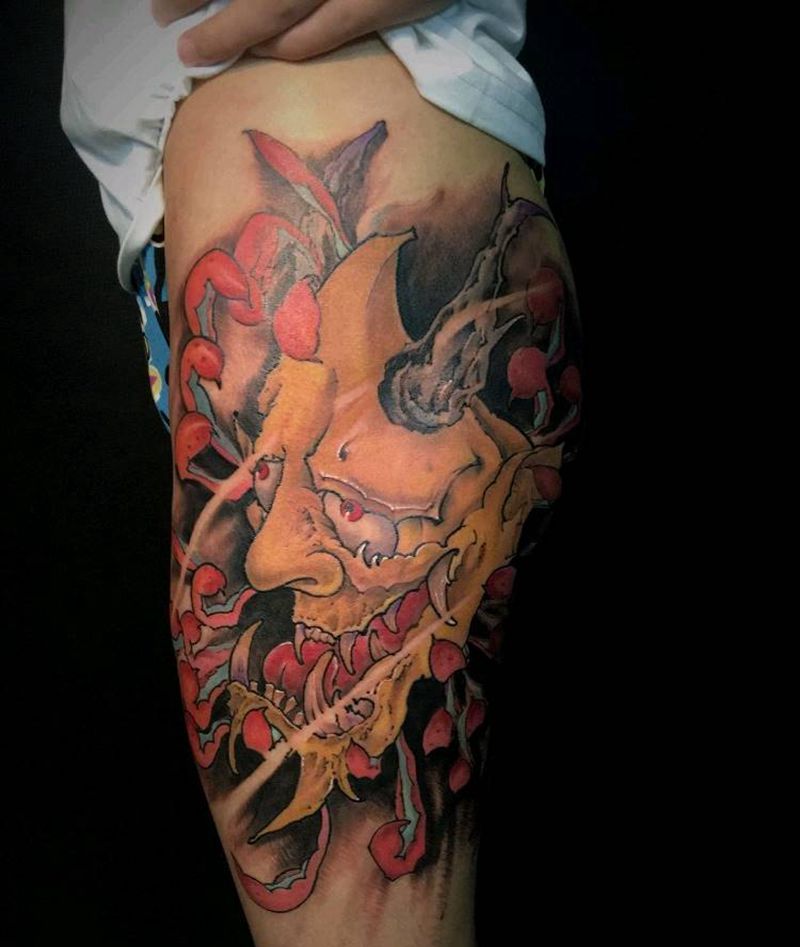 般若菊花。纹身图片_腿部纹身图案