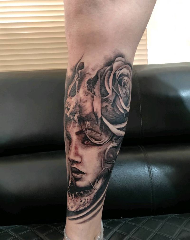 人物肖像纹身图片_腿部欧美写实纹身图案