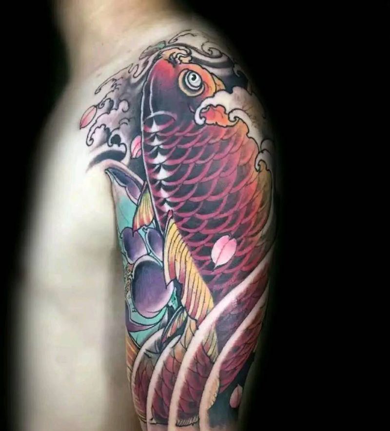 鲤鱼莲花樱花。纹身图片_手臂纹身图案