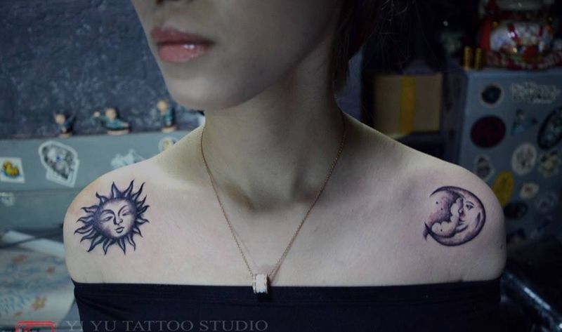锁骨太阳月亮纹身图片