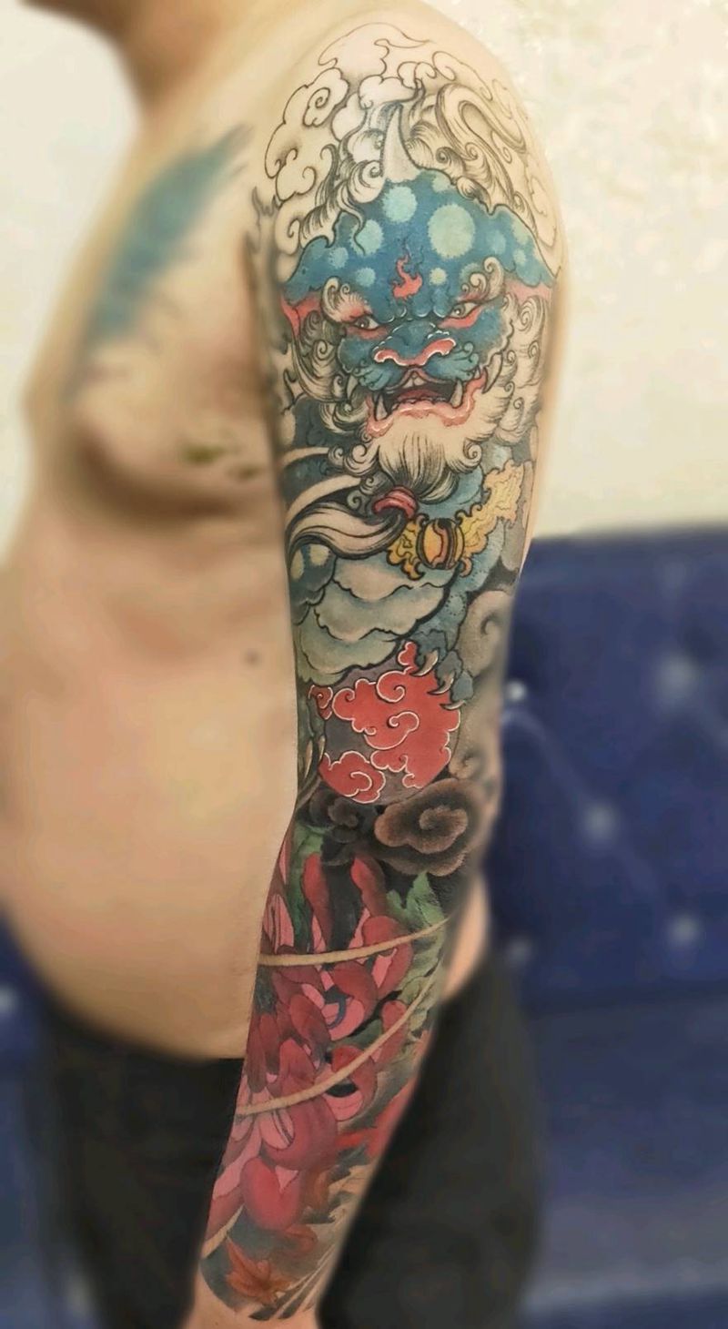 唐狮纹身图片_手臂新传统纹身图案