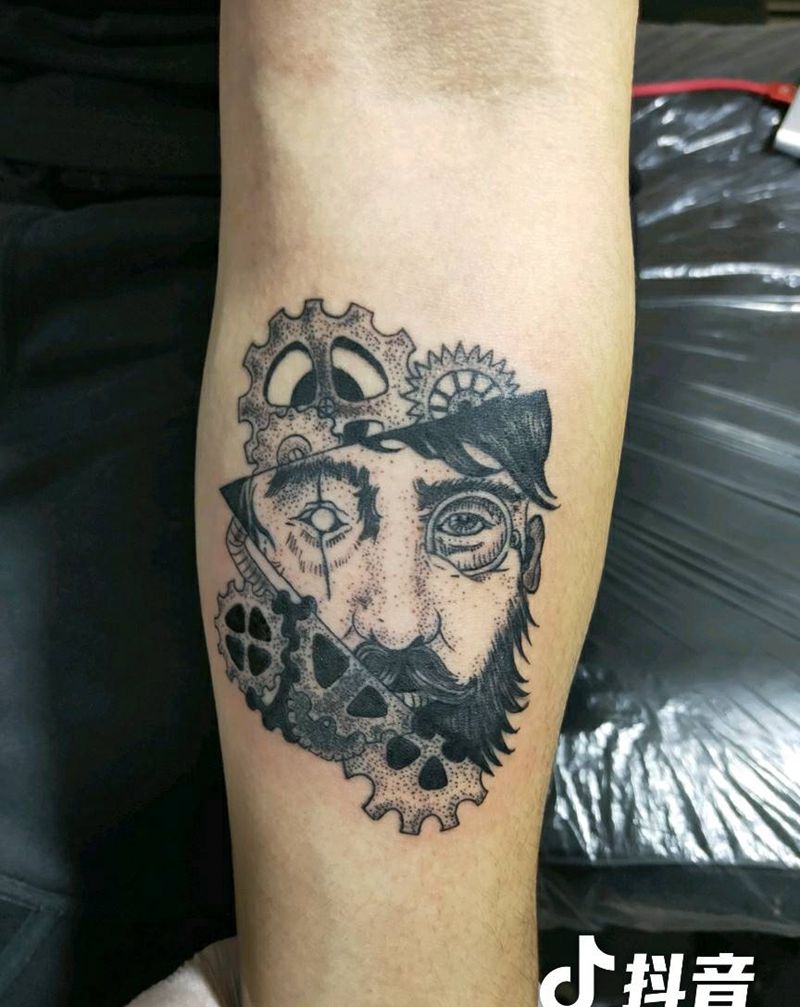 肖像几何机械搭配纹身图片