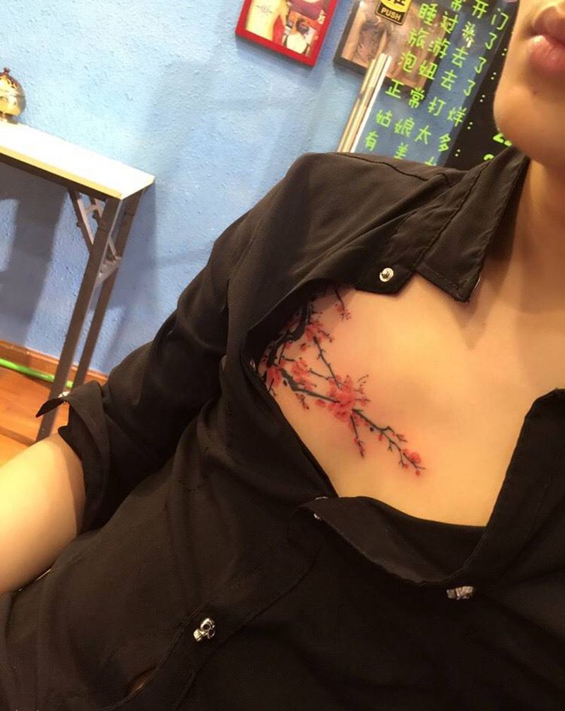 一枝梅纹身图片_成品手稿胸部原创传统植物纹身图案