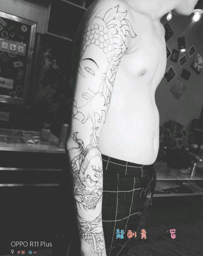 花臂线条纹身图片_手臂纹身图案