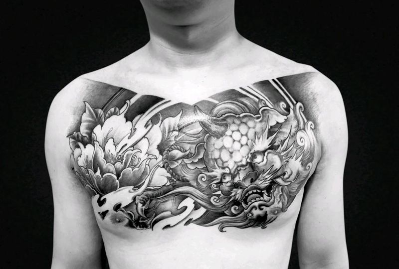 唐狮牡丹纹身图片