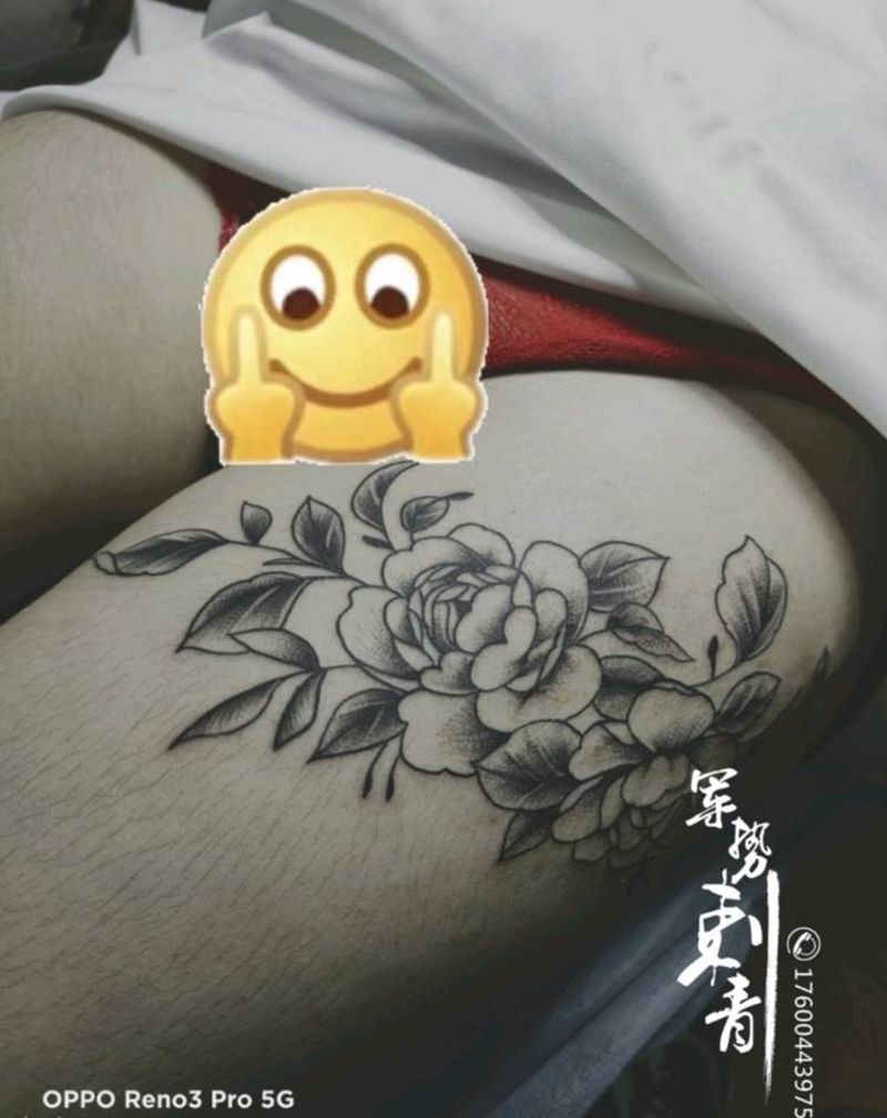 素花纹身图片_腿部纹身图案