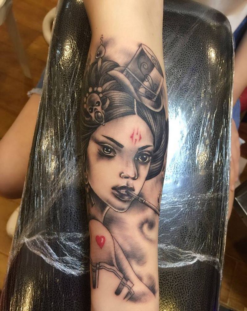 艺妓纹身图片_成品手臂肖像欧美人物纹身图案