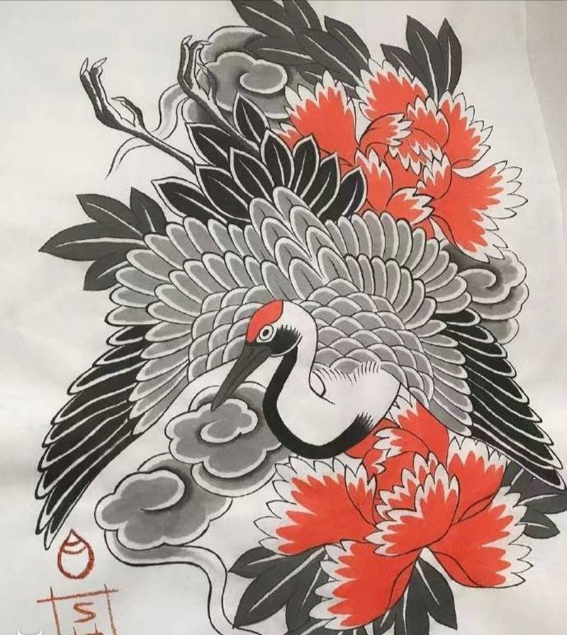 分享图案纹身图片_腿部手部老传统鹤花纹身图案