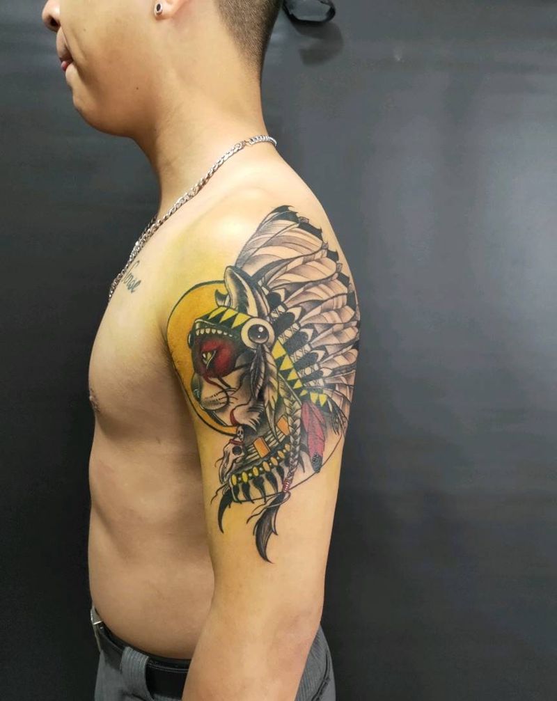 印第安猫纹身图片_手臂欧美写实纹身图案