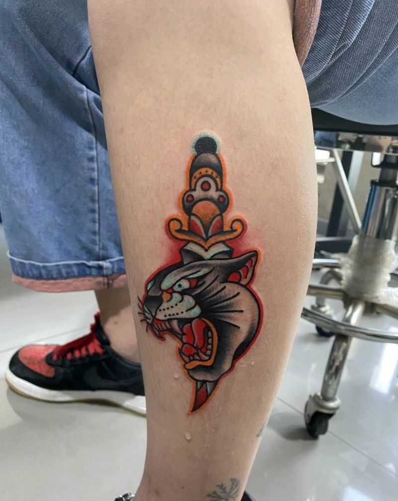 黑豹纹身图片_腿部Old School纹身图案