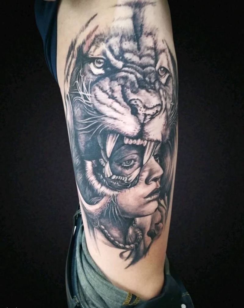 肖像＋狮子纹身图片_欧美写实纹身图案