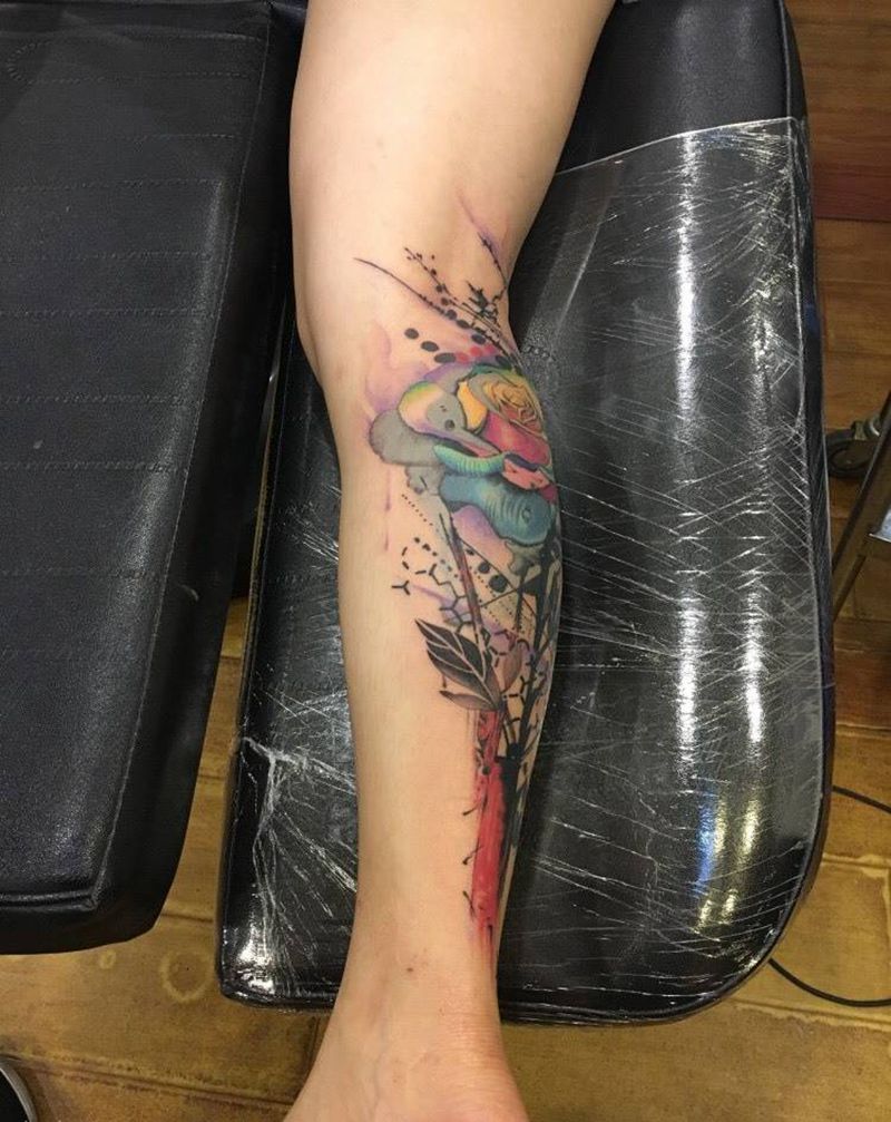 欧School玫瑰纹身图片_成品腿部欧美植物纹身图案