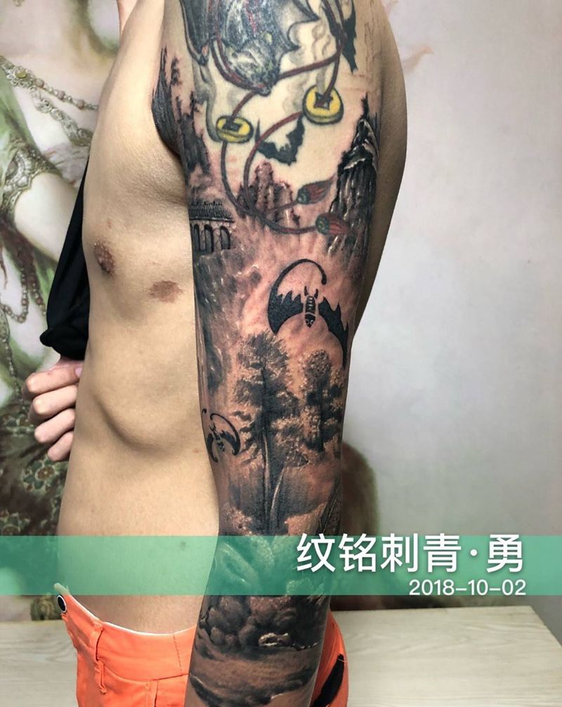 旧图衔接山水七分臂纹身图片
