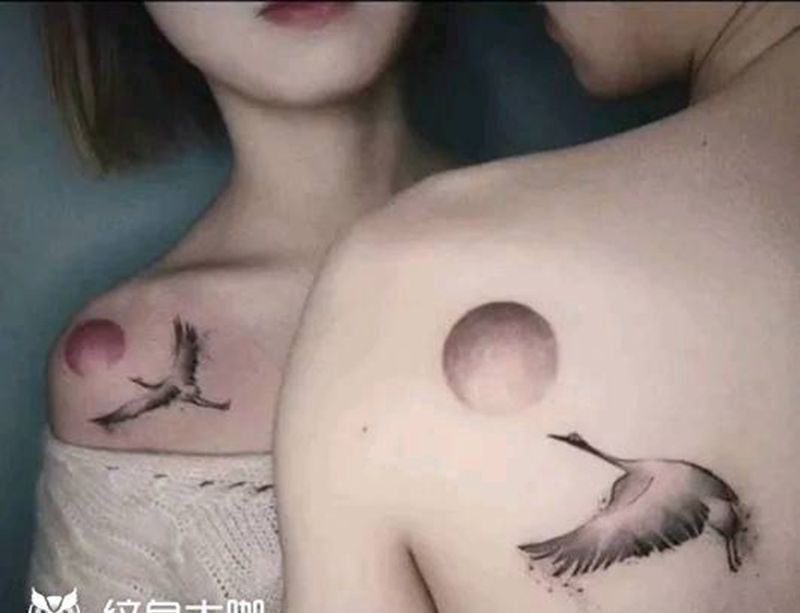 仙鹤太阳。纹身图片_肩部背部纹身图案