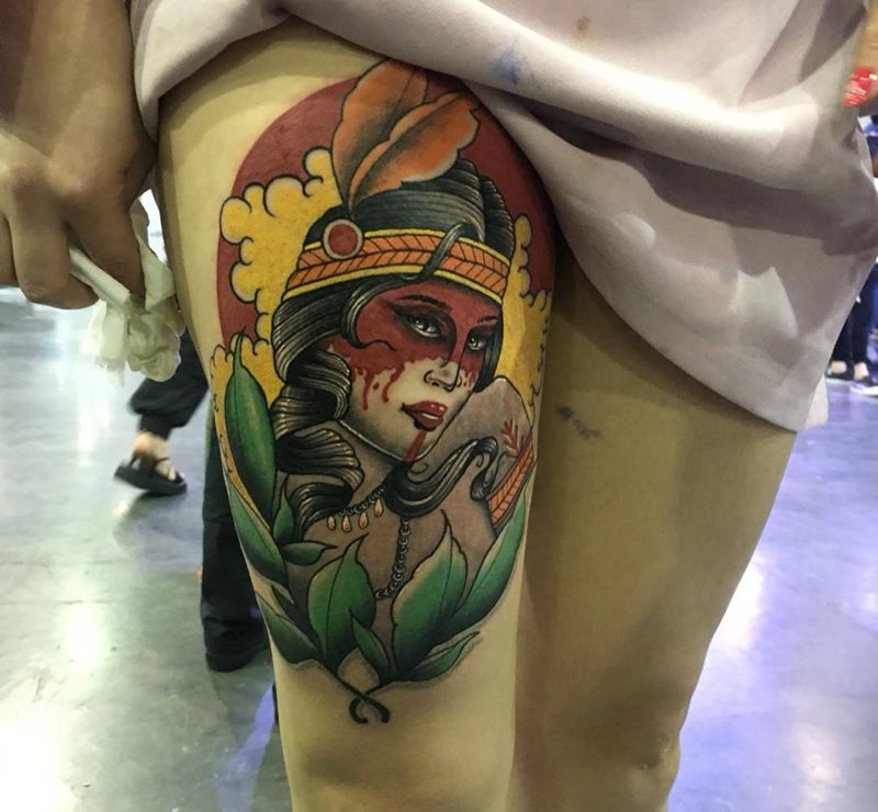 纹完三天后超薄结痂暴皮中纹身图片_成品腿部肖像欧美写实插画脚部人物图腾纹身图案