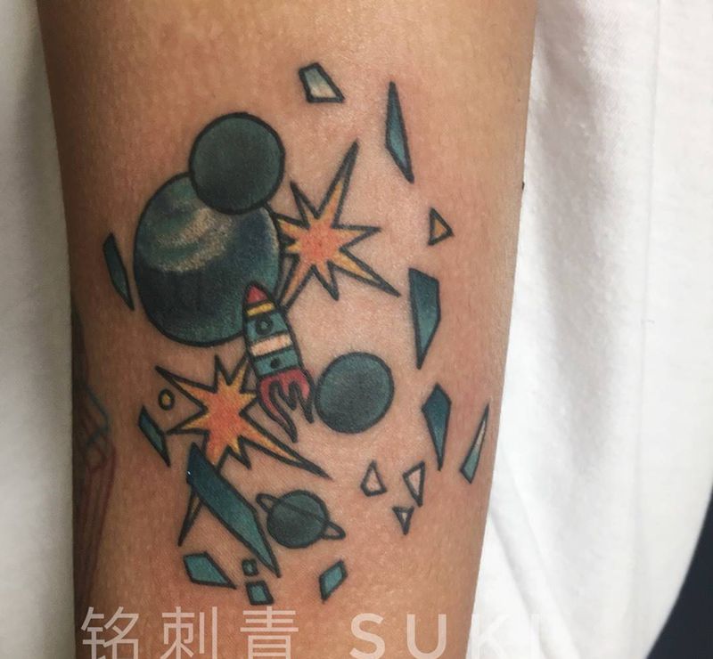 Oldschool 星空遮盖英文纹身图片