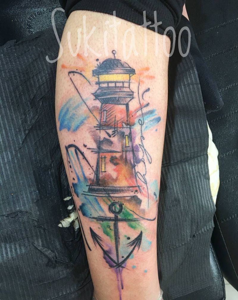 水彩灯塔纹身图片_欧美成品腿部纹身图案