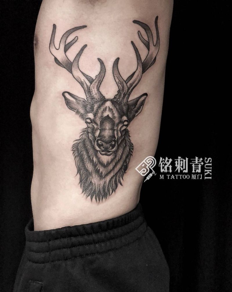 麋鹿纹身图片_腰部欧美写实纹身图案