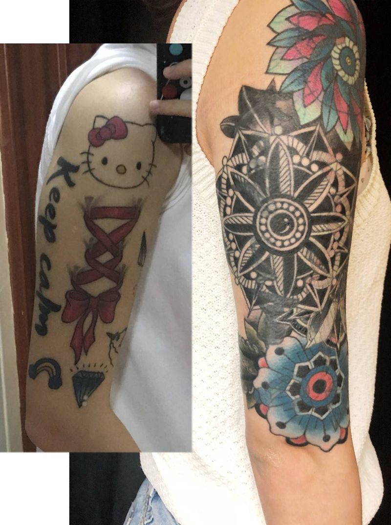 曼陀罗遮盖上臂纹身图片_手臂Old School纹身图案