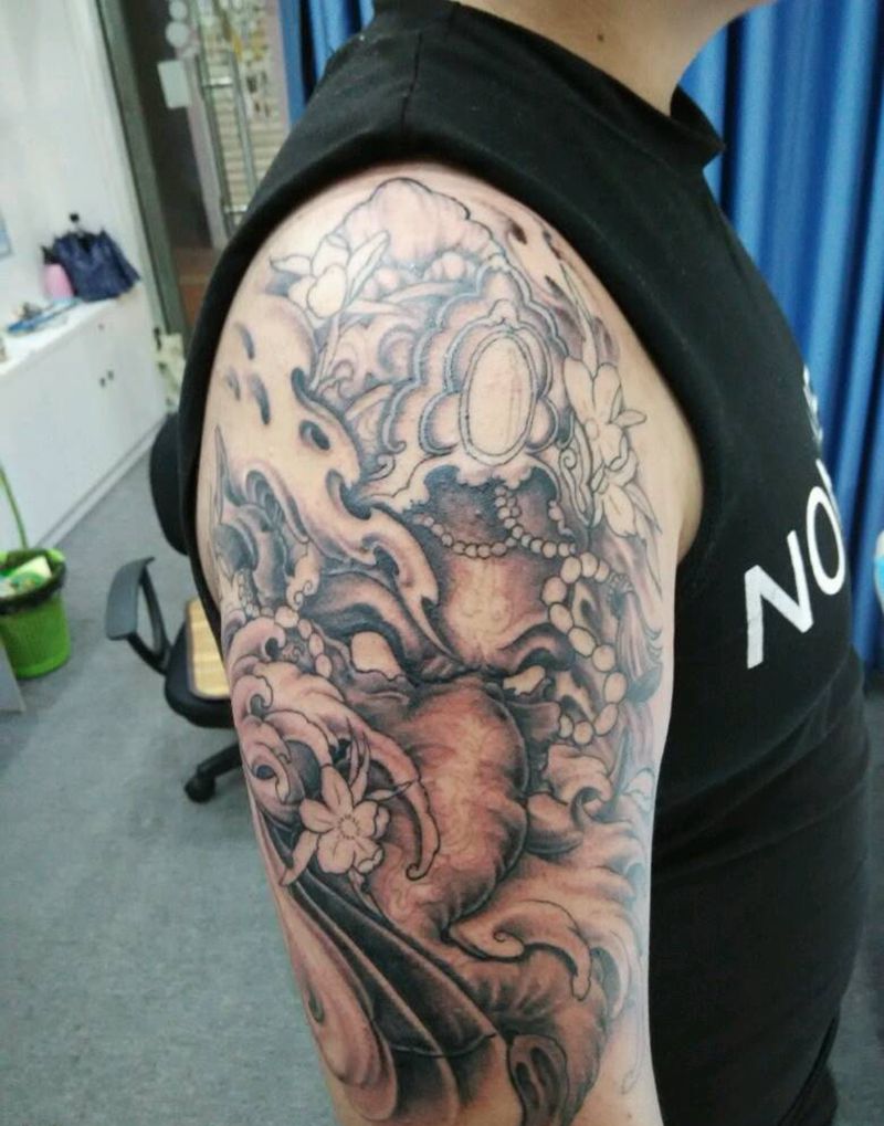 大臂象神黑灰部分完成纹身图片_手臂传统习俗肖像鬼神图腾宗教原创纹身图案