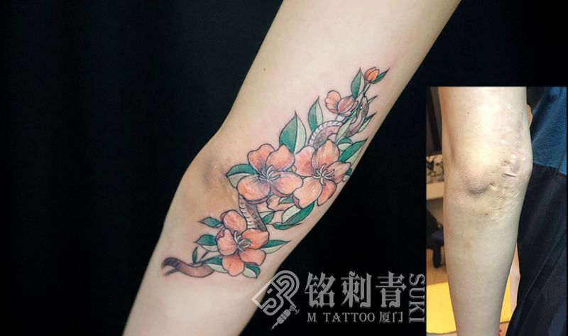 淡彩素花纹身图片_手臂水彩纹身图案