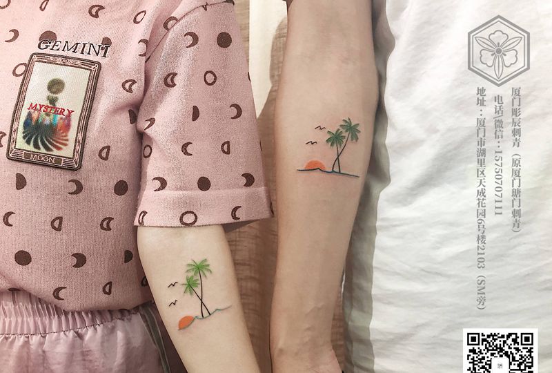 情侣纹身 沙滩纹身图片_手臂情侣沙滩纹身图案