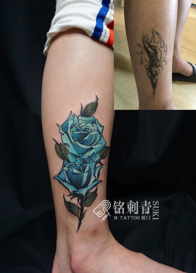 玫瑰遮盖纹身图片_腿部New School原创设计纹身图案