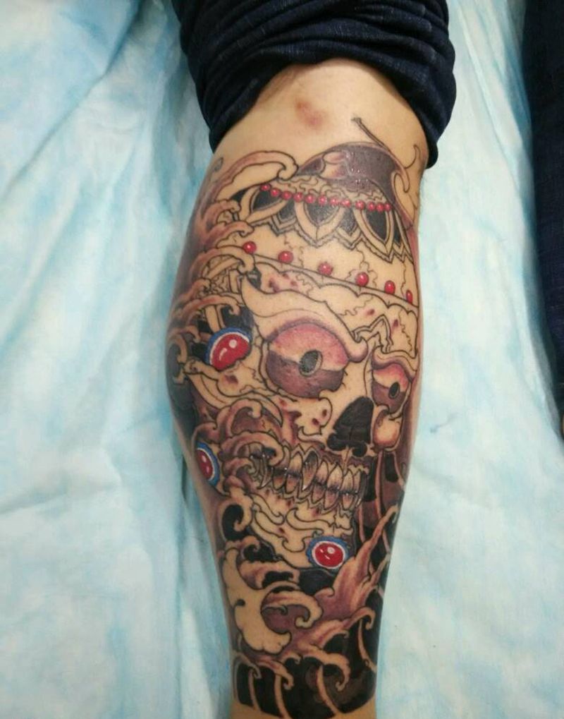 嘎巴拉未完成纹身图片_腿部老传统嘎巴拉纹身图案