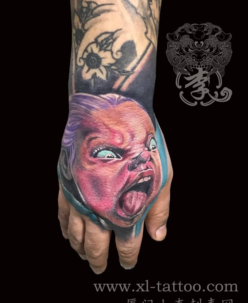 鬼娃纹身图片_成品手部欧美写实肖像人物厦门鬼神纹身图案