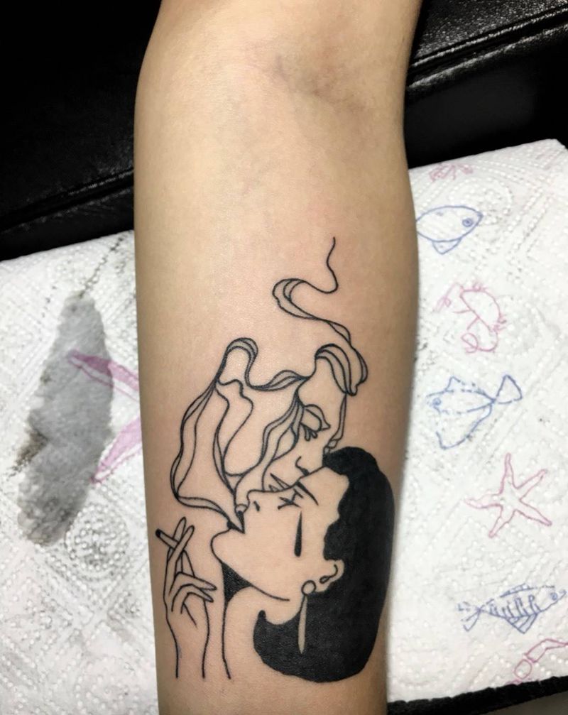 抽烟的女人纹身图片_成品手臂欧美清新人物纹身图案