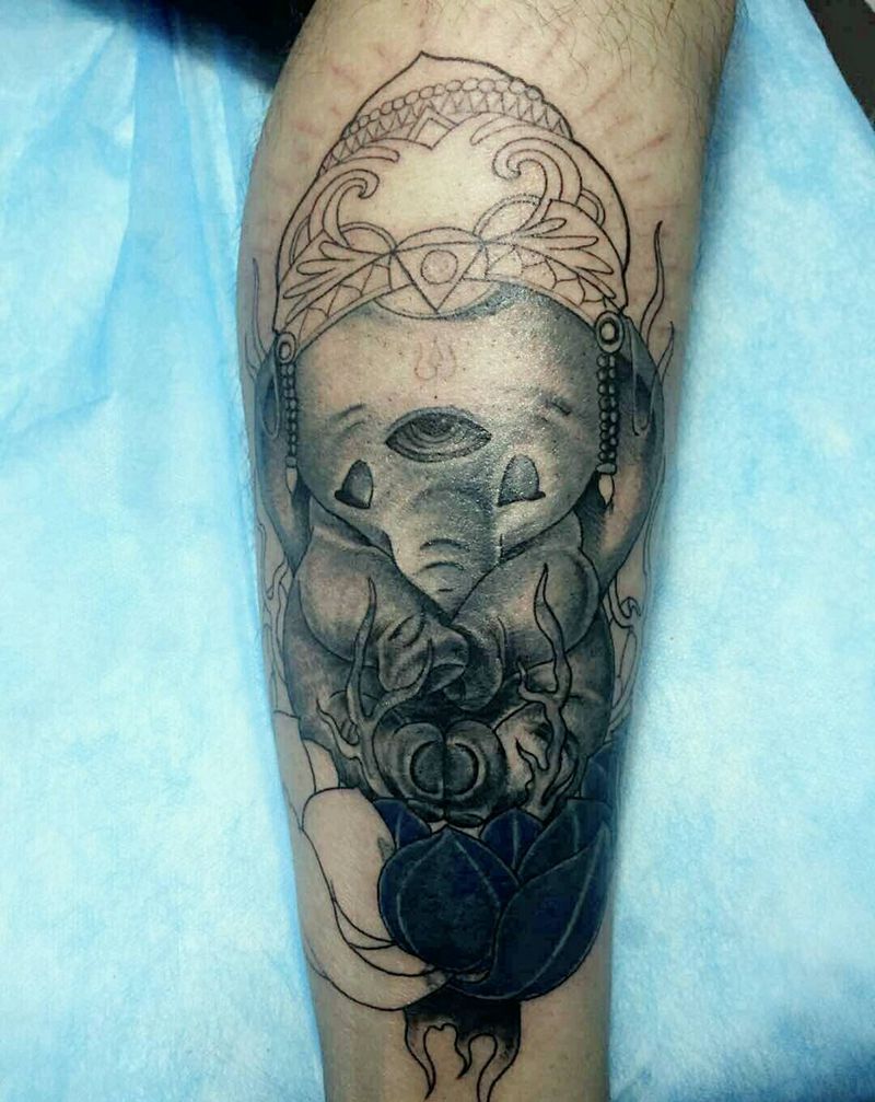 象神遮盖（未完成）纹身图片_腿部传统肖像清新动物鬼神宗教原创纹身图案