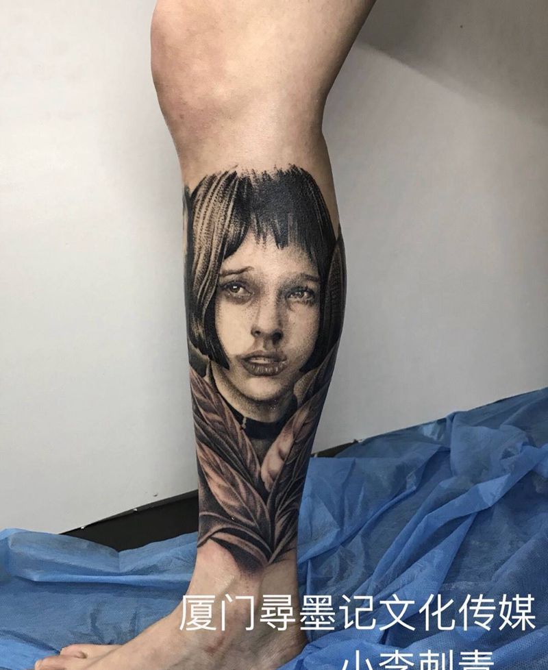 这个杀手不太冷纹身图片_成品腿部欧美写实人物原创肖像厦门水墨佛像纹身图案