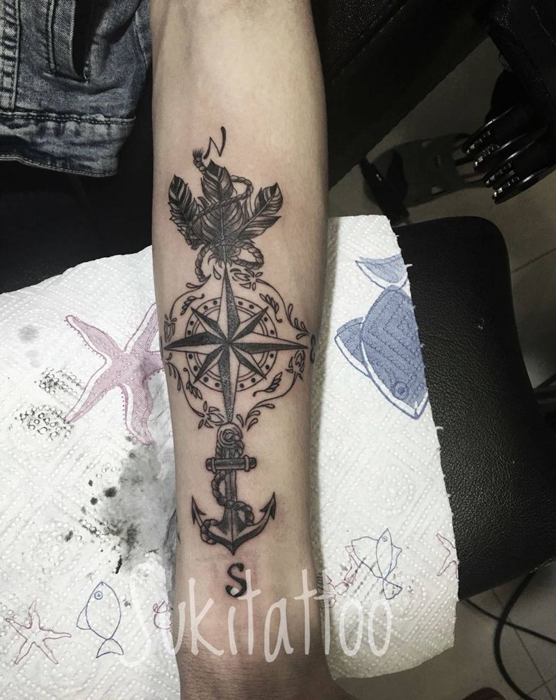 指南针纹身图片_欧美成品手臂纹身图案