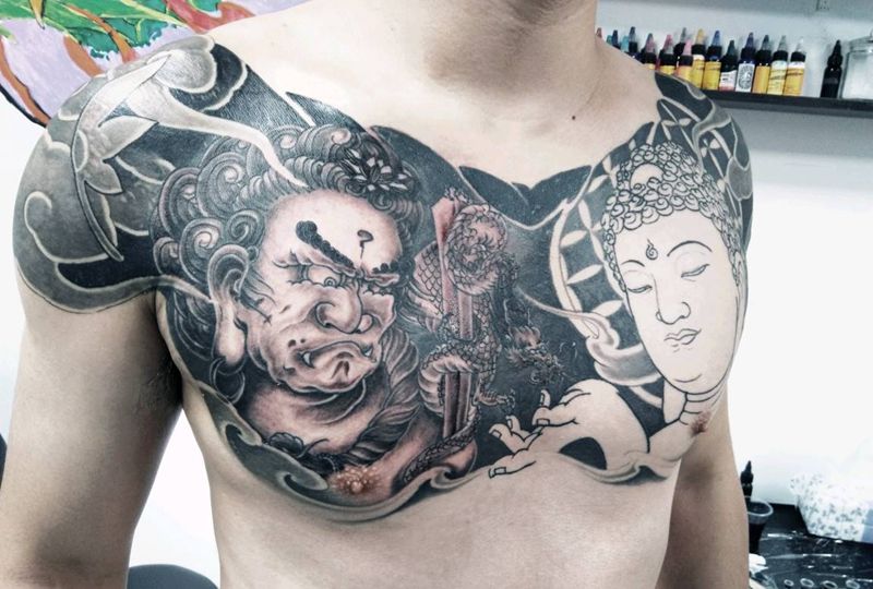 佛头花胸(未完成)纹身图片_胸部老传统新传统纹身图案