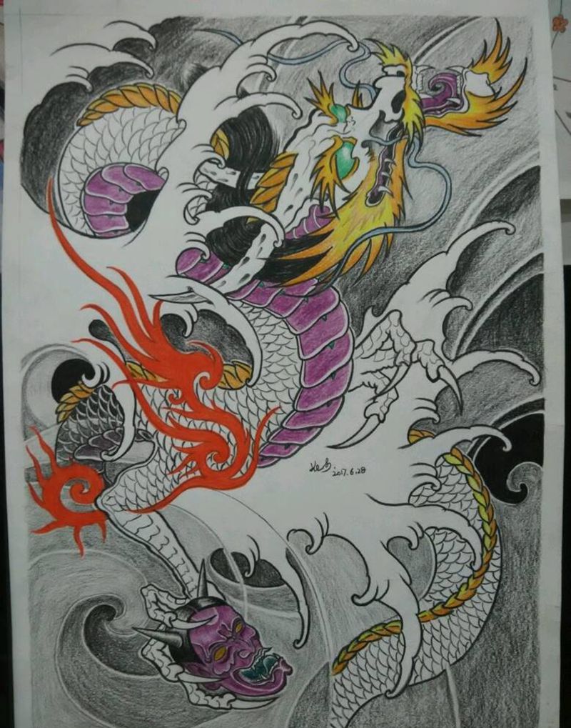 传统龙5纹身图片_胸部背部手臂腿部传统习俗鬼神宗教原创手稿纹身图案