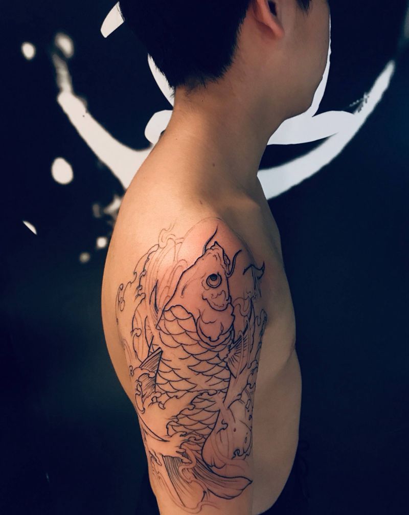 锦鲤线条未完成纹身图片