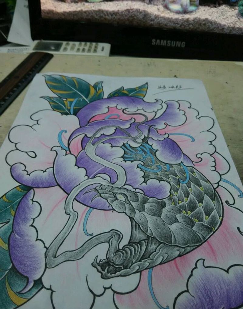 原创手稿：吃蛇的牡丹纹身图片_肩部胸部腰部背部手臂腿部手部传统原创手稿纹身图案