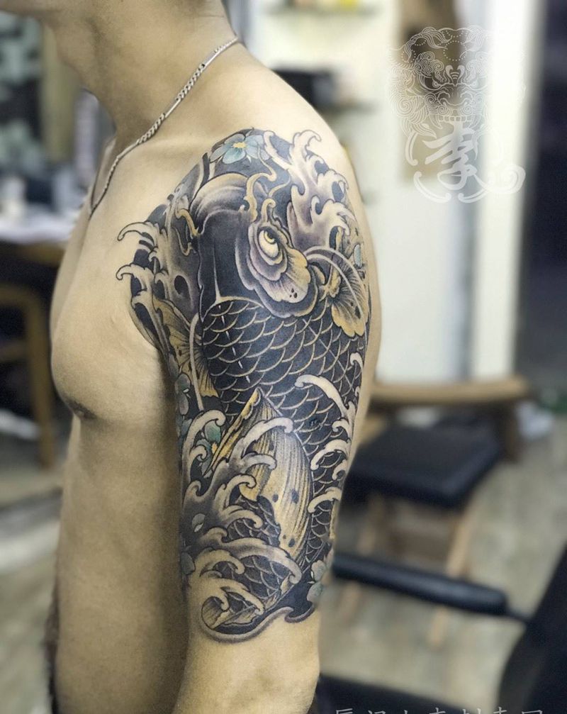 覆盖作品纹身图片_成品肩部手臂传统动物鬼神原创厦门清新水墨纹身图案