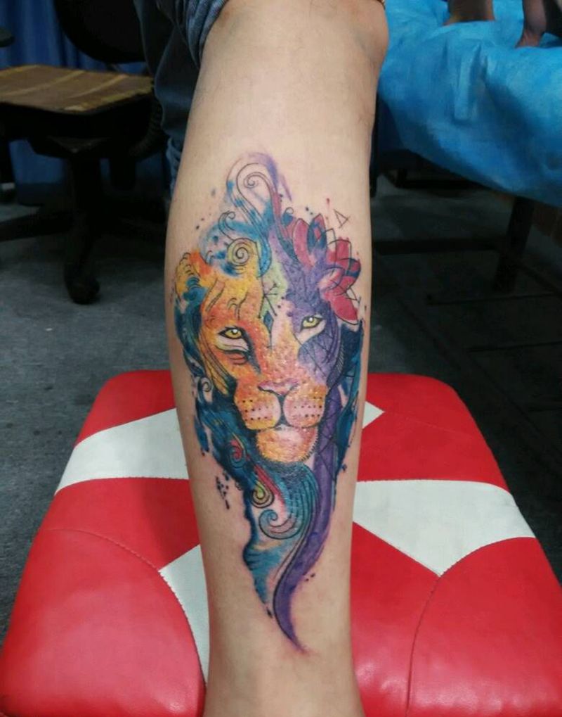 水彩狮子头，小腿纹身图片_腿部欧美肖像清新几何动物原创成品纹身图案