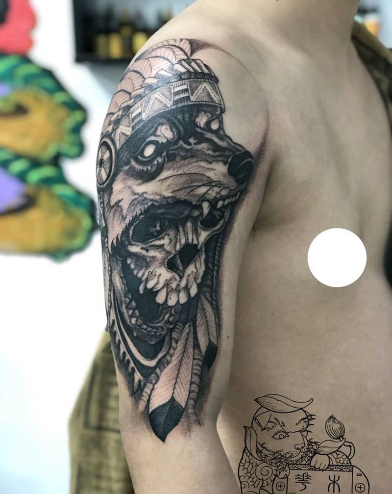 大臂印第安骷髅纹身图片_手臂欧美写实纹身图案
