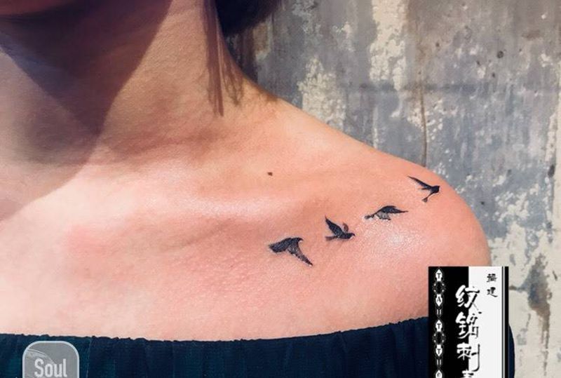 锁骨到肩飞鸟纹身图片