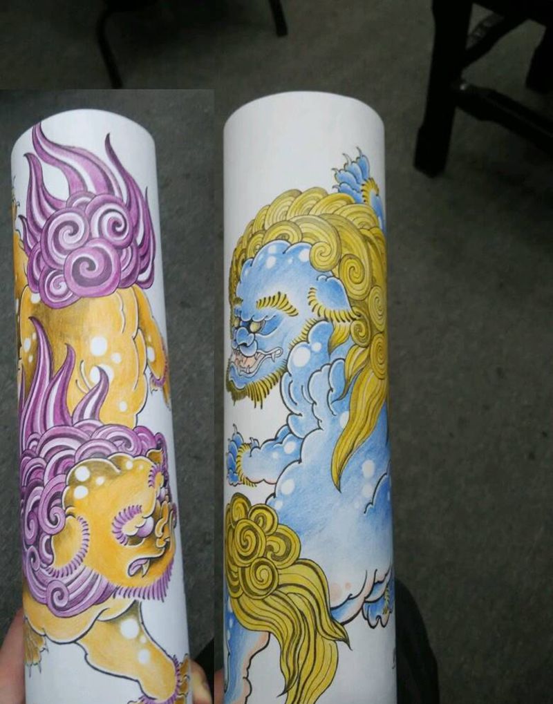 一对小唐狮纹身图片_腰部腿部传统清新国画动物鬼神图腾原创手稿纹身图案