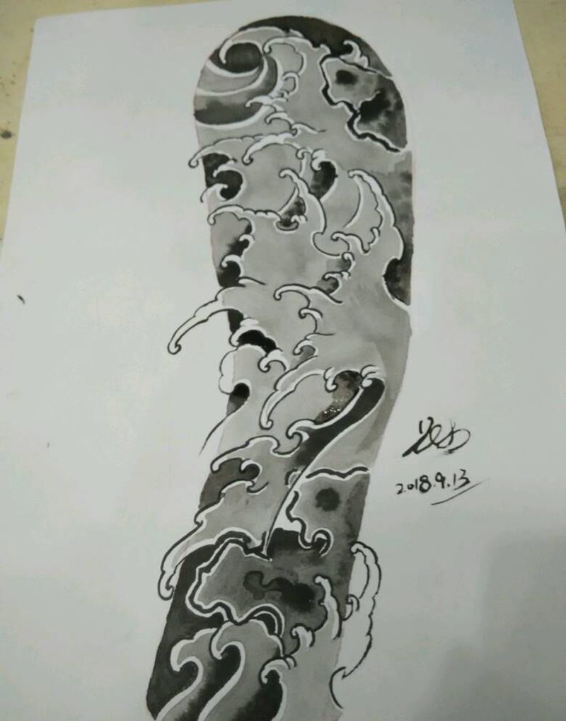 水浪花臂手稿纹身图片_传统原创手稿纹身图案