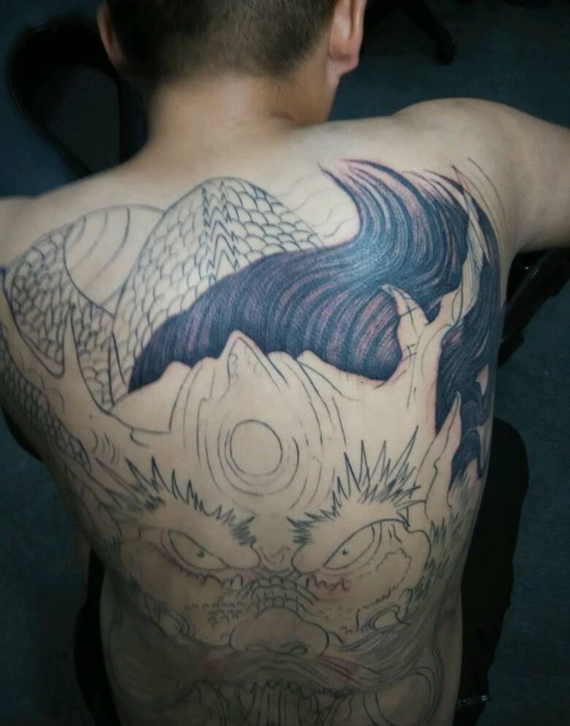 修改，满背大龙黑灰（未完成）纹身图片_背部欧美写实动物鬼神原创纹身图案