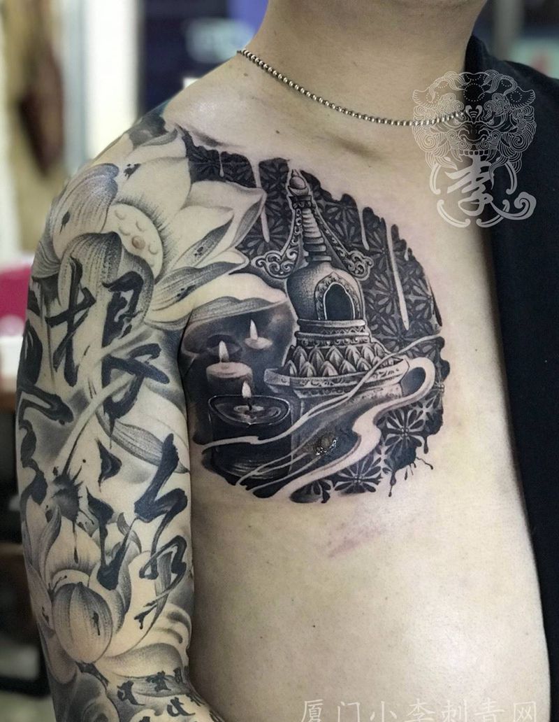 金刚舍利塔纹身图片_成品胸部欧美传统写实清新宗教厦门原创水墨纹身图案