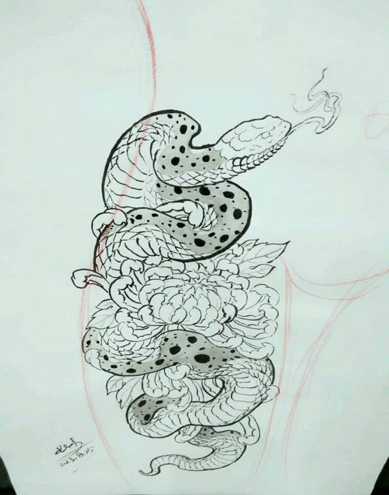 原创传统手稿:蛇与菊纹身图片_传统原创手稿纹身图案