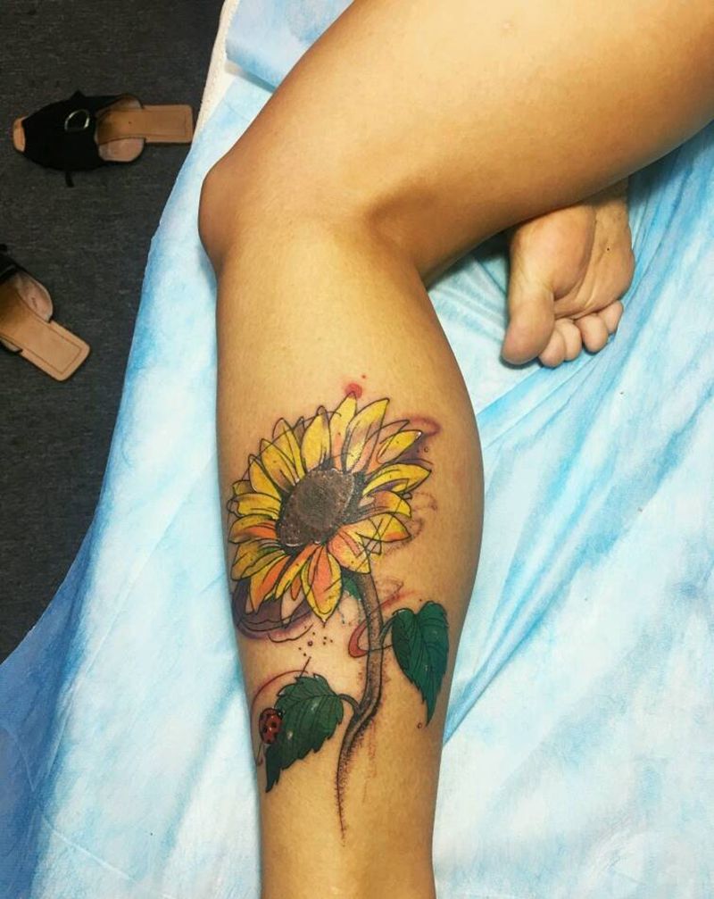 向日葵纹身图片_腿部清新几何动物植物原创成品纹身图案