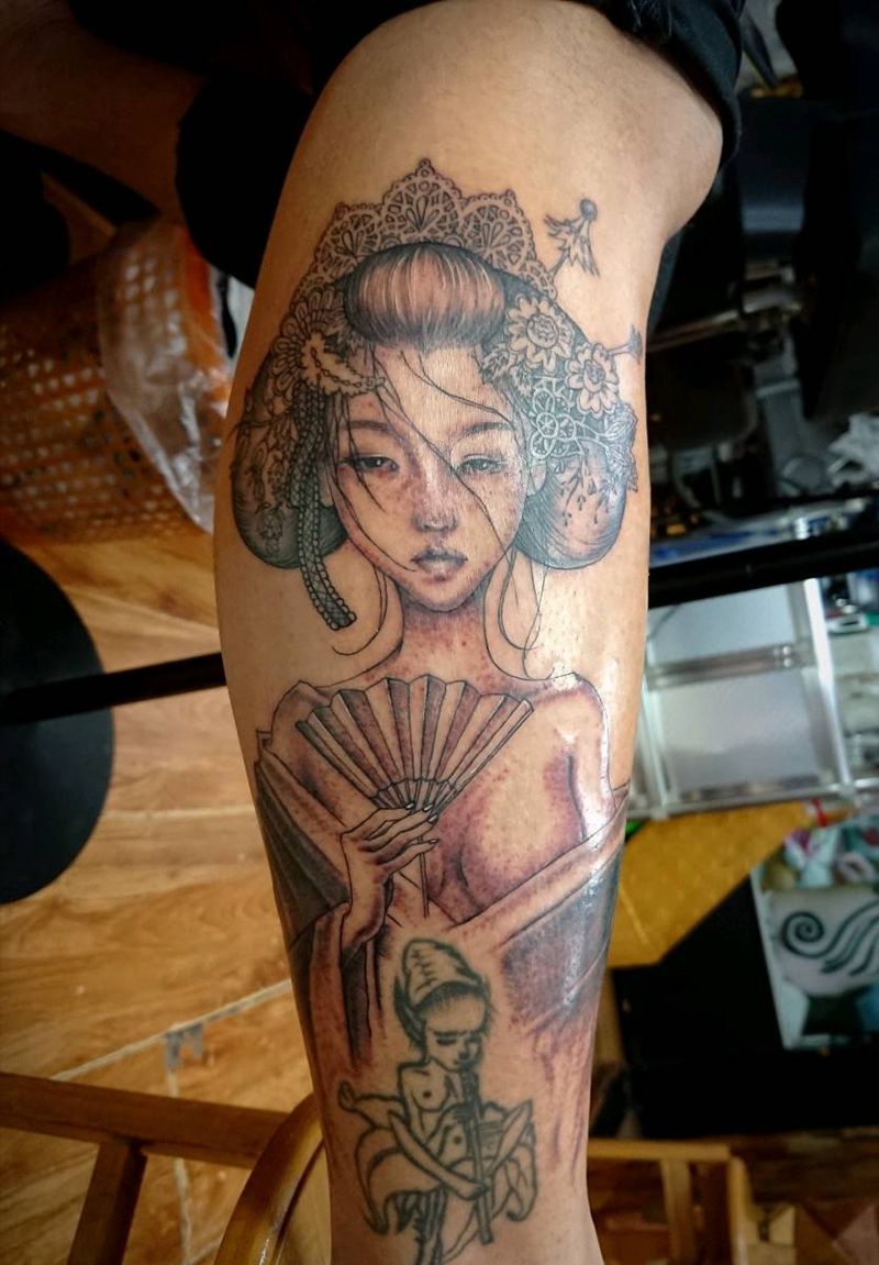 艺妓纹身图片_腿部人物成品纹身图案